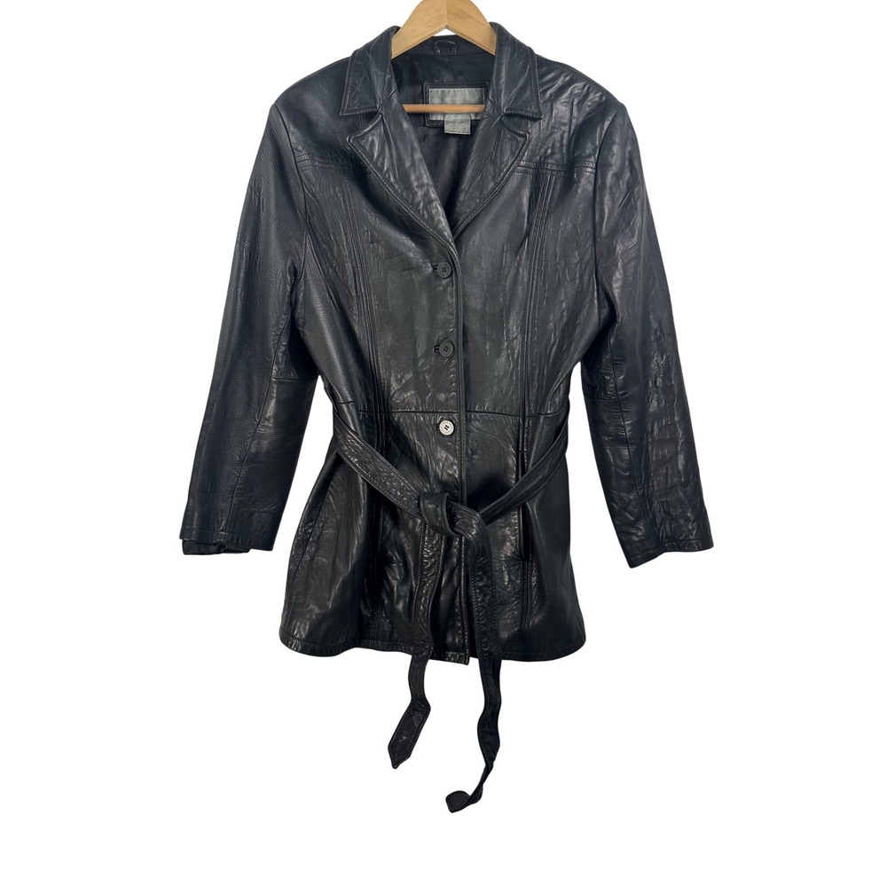 VTG Nine West Leather Trench Coat XL Black 90s Y2K Matrix Chic moto